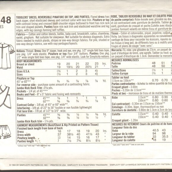 Simplicity Sewing Pattern 8948 Toddler Girls Dress Pinafore Top Bloomers 1/2-4 - Picture 4 of 4